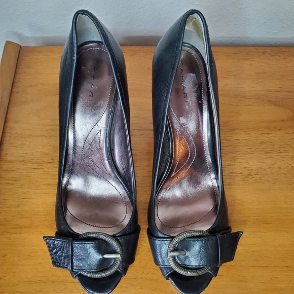 Tahari | Brigitte Black Buckle Peep Toe High Heels | Size 10 - Picture 6 of 12